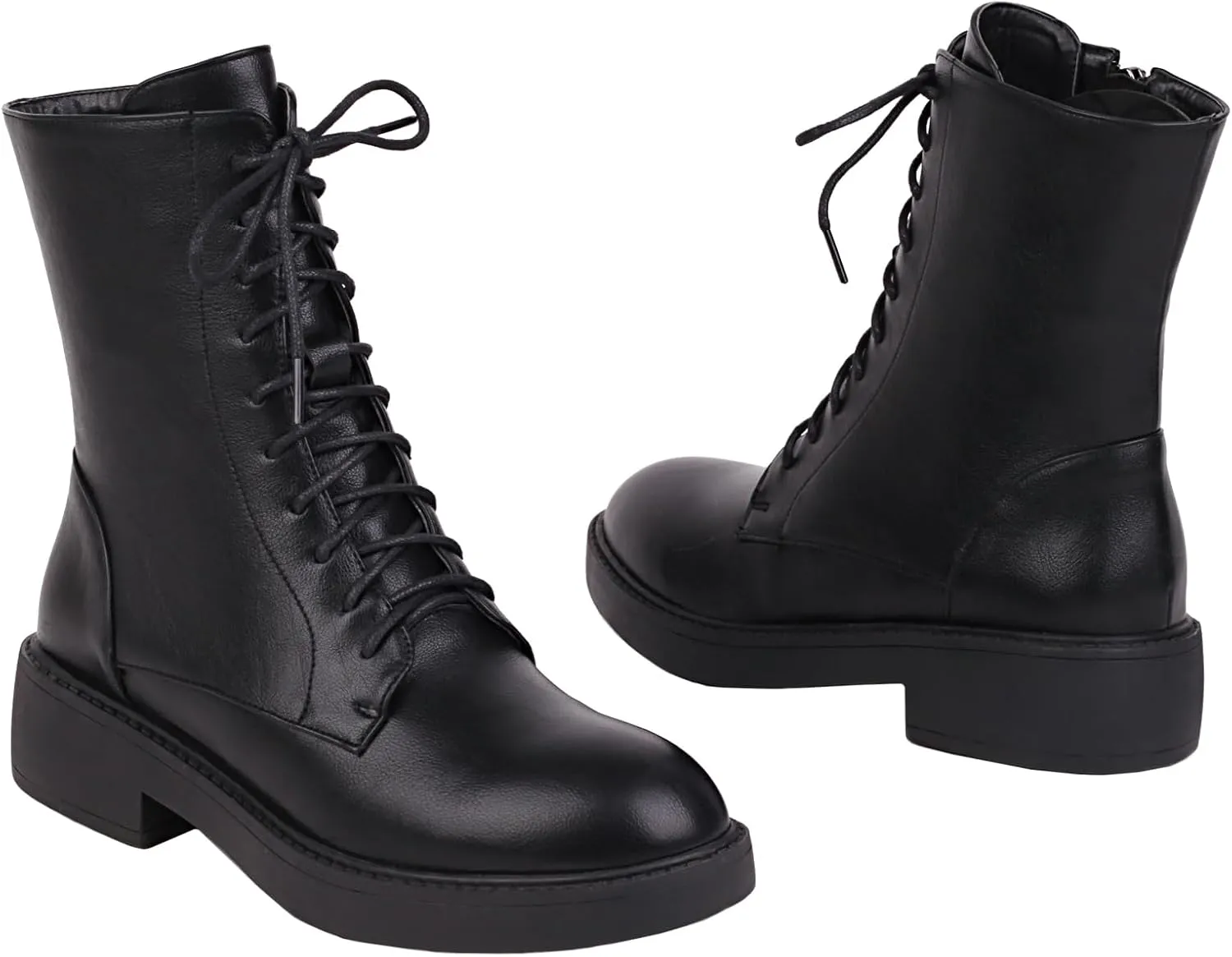 Women's Combat Lace Up Boots Platform Military Boots Low Heel Chunky Lug Sole Motorcycle Gothic Riding Boots Round Toe Comfortable Side Zipper Ankle Boots