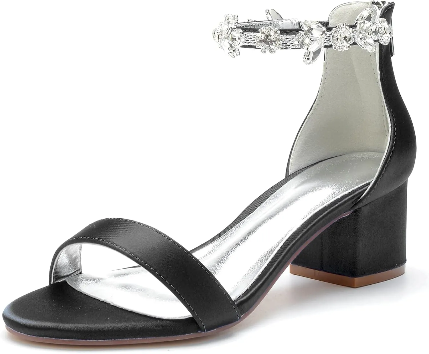 Women's Crystal Block Heels Satin Wedding Shoes for Bride Low Heels Comfortable Bridal Shoes White Heels Chunky Formal Evening Party Prom Sandals Pumps
