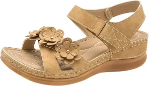 Womens Dressy Sandals Beach Summer Flower Leather Flat Sandals with Ankle Strap Open Toe Bohemian Lightweight Sandal Comfortable Walking Sandal