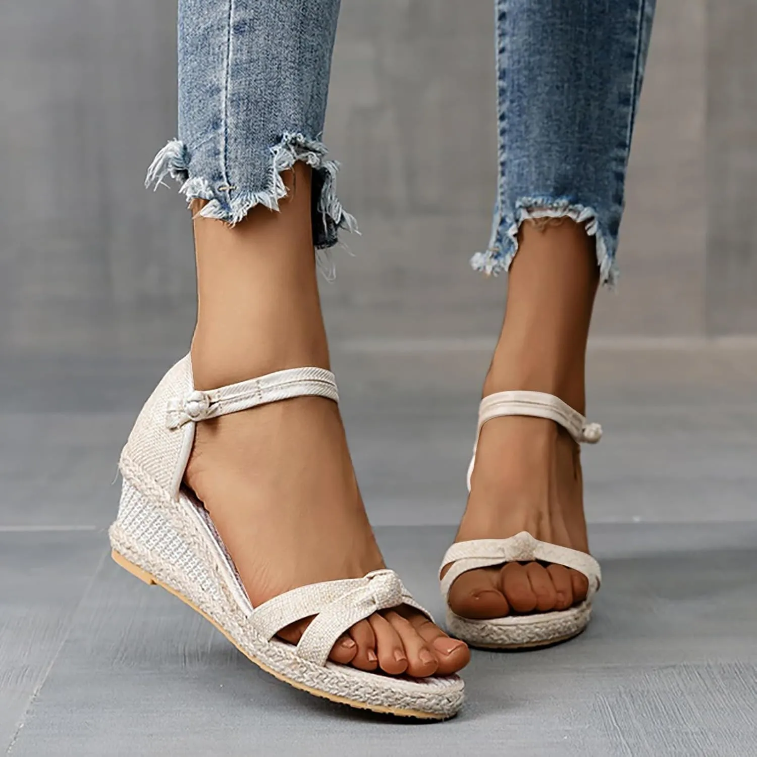 Women's Dressy Summer Sandals Peep Toe Platform Sandals Wedges Ankle Buckle Beach Sandals Woven Canvas Open Toe Sandals