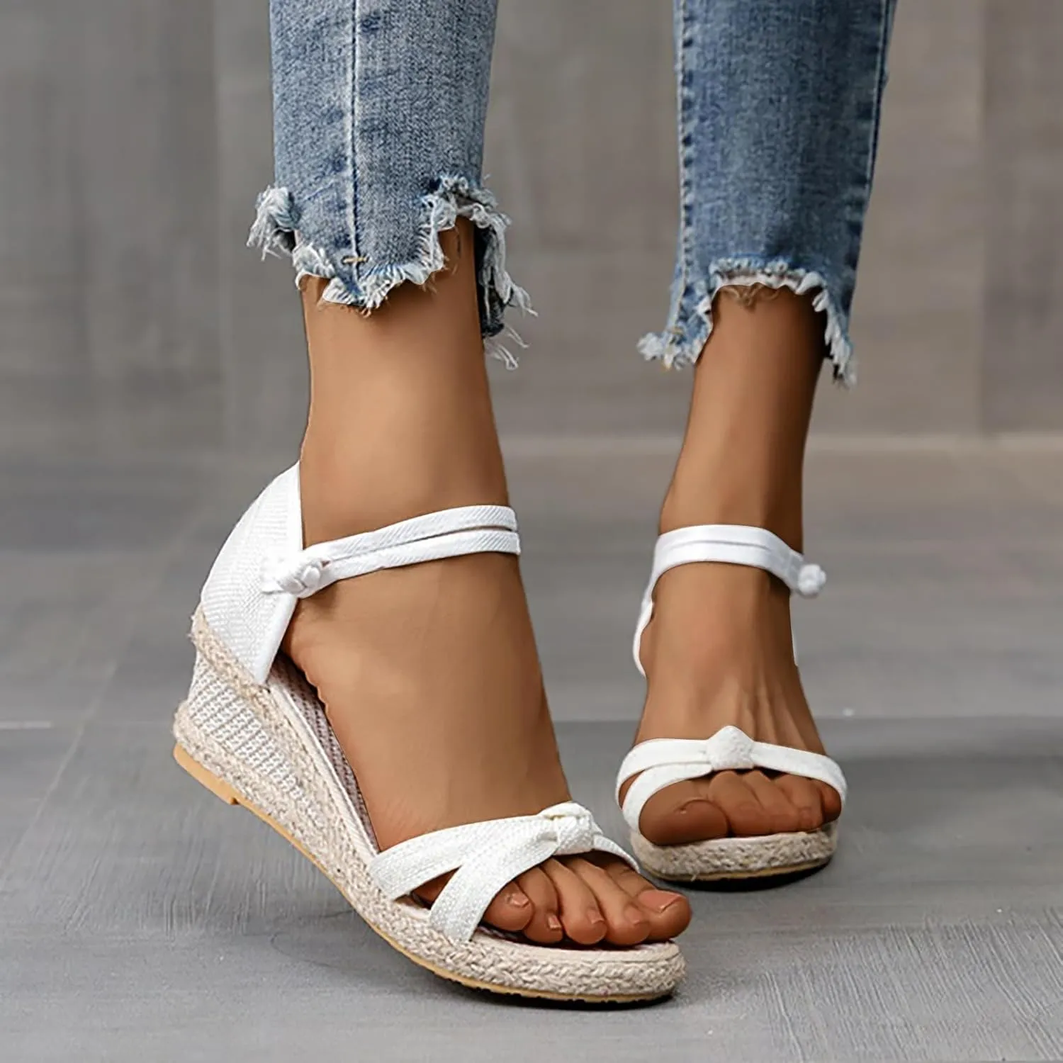 Women's Dressy Summer Sandals Peep Toe Platform Sandals Wedges Ankle Buckle Beach Sandals Woven Canvas Open Toe Sandals