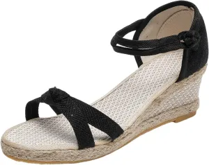 Women's Dressy Summer Sandals Peep Toe Platform Sandals Wedges Ankle Buckle Beach Sandals Woven Canvas Open Toe Sandals