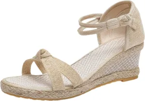 Women's Dressy Summer Sandals Peep Toe Platform Sandals Wedges Ankle Buckle Beach Sandals Woven Canvas Open Toe Sandals
