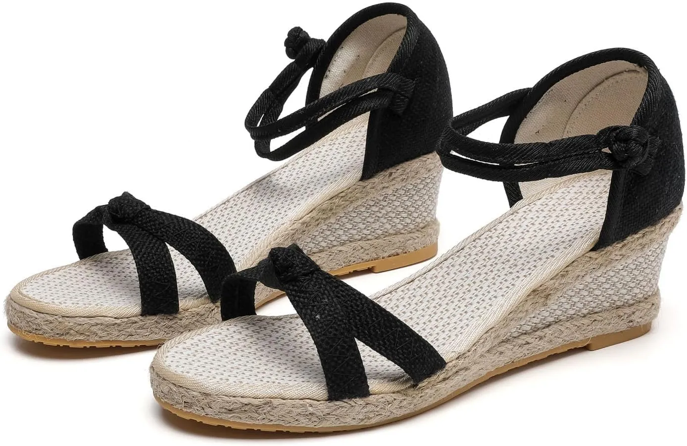 Women's Dressy Summer Sandals Peep Toe Platform Sandals Wedges Ankle Buckle Beach Sandals Woven Canvas Open Toe Sandals