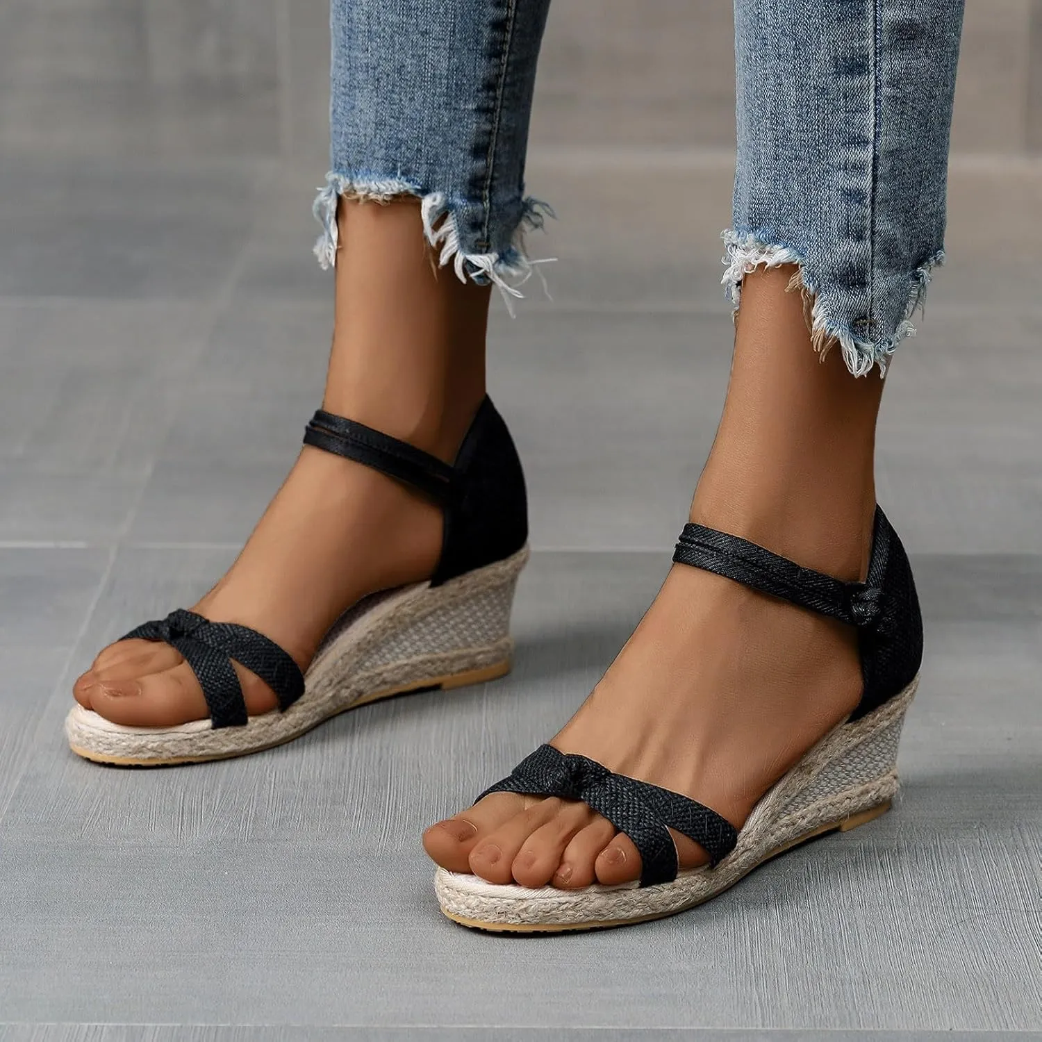 Women's Dressy Summer Sandals Peep Toe Platform Sandals Wedges Ankle Buckle Beach Sandals Woven Canvas Open Toe Sandals
