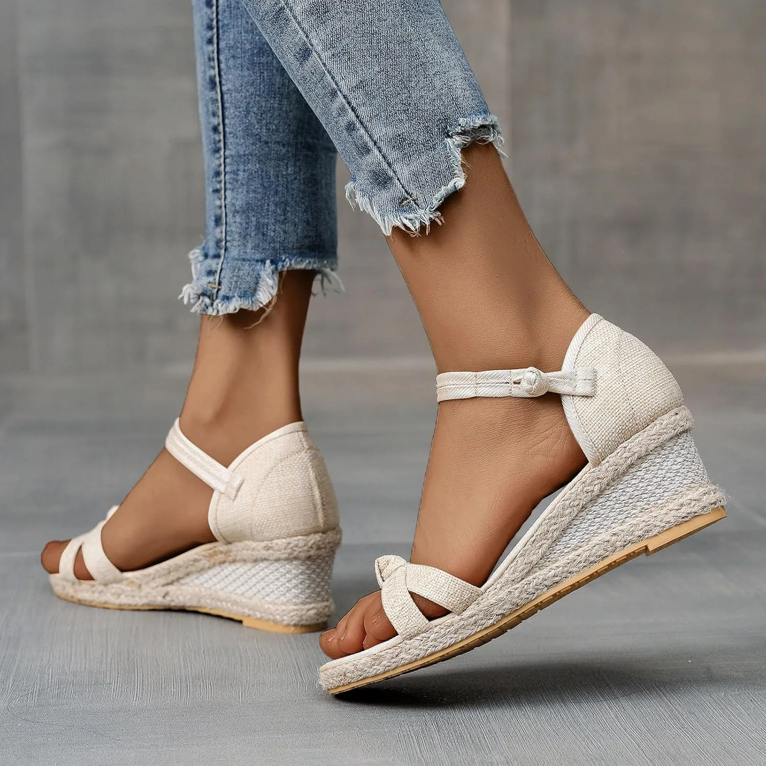 Women's Dressy Summer Sandals Peep Toe Platform Sandals Wedges Ankle Buckle Beach Sandals Woven Canvas Open Toe Sandals