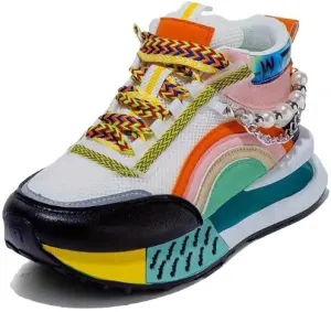 Women's Fashion Platform Mid-Top Sneakers with Sparkling Bead Chain - Breathable Mesh, Lace-Up Casual Shoes for All Seasons