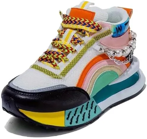 Women's Fashion Platform Mid-Top Sneakers with Sparkling Bead Chain - Breathable Mesh, Lace-Up Casual Shoes for All Seasons