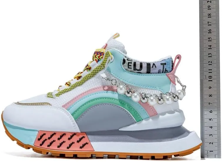 Women's Fashion Platform Mid-Top Sneakers with Sparkling Bead Chain - Breathable Mesh, Lace-Up Casual Shoes for All Seasons