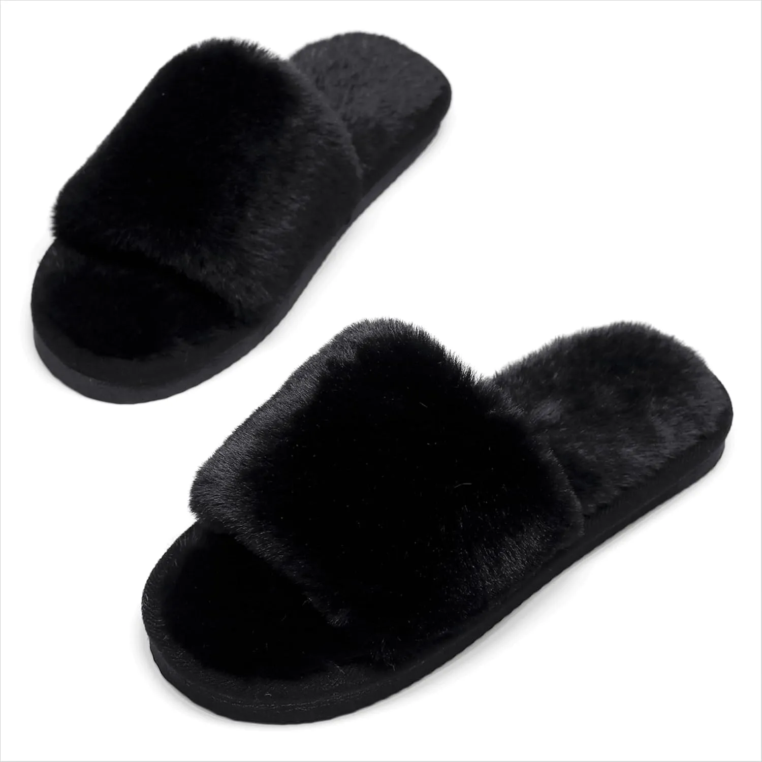 Women's Fuzzy Fluffy Furry Fur Slippers Flip Flop Open Toe Cozy House Memory Foam Sandals Slides Soft Flat Comfy Anti-Slip Spa Indoor Outdoor Slip on