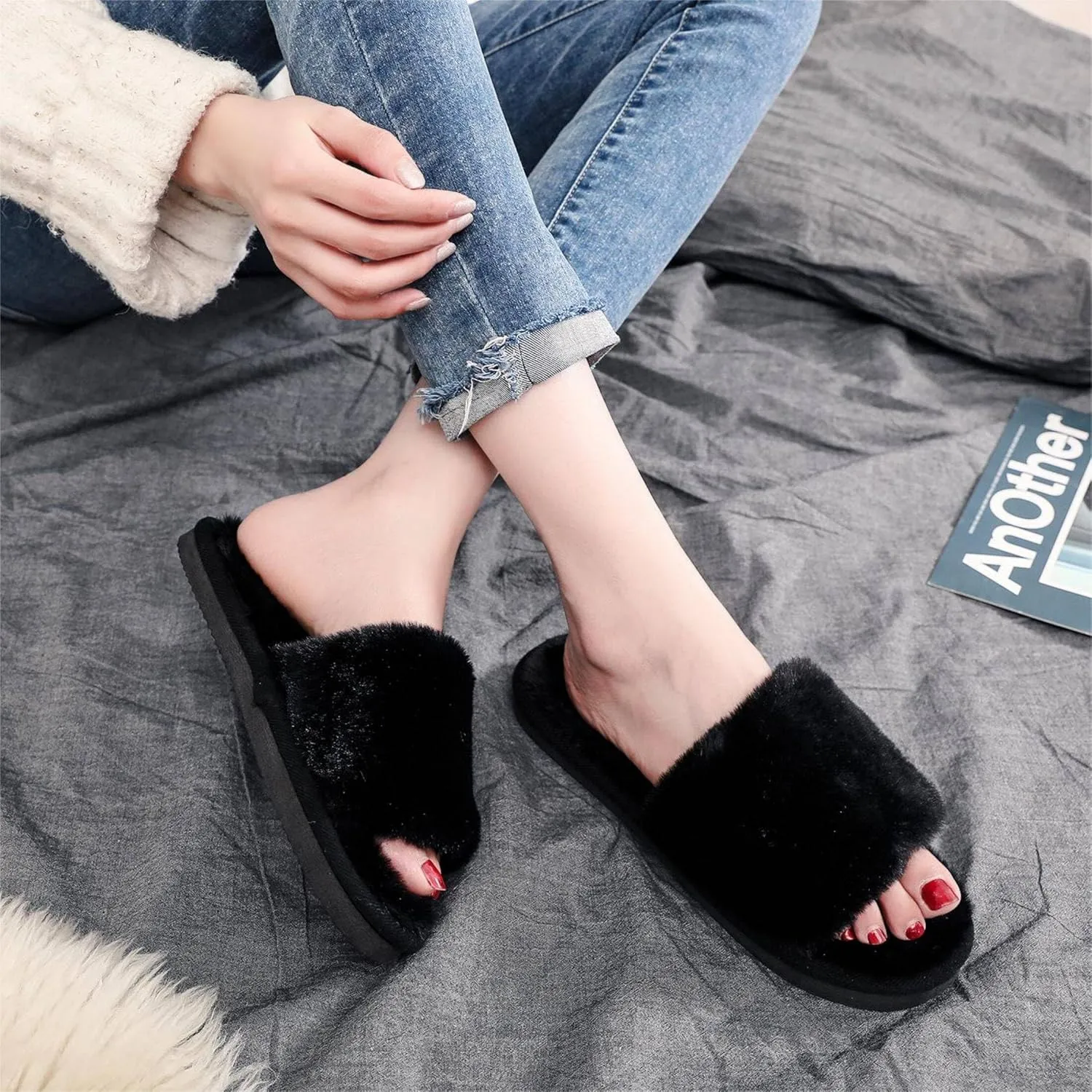 Women's Fuzzy Fluffy Furry Fur Slippers Flip Flop Open Toe Cozy House Memory Foam Sandals Slides Soft Flat Comfy Anti-Slip Spa Indoor Outdoor Slip on