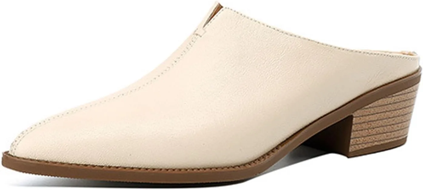 Women's Genuine Leather Closed Toe Chunky Stacked Heel Mules,Fashion Pointed Toe Slingback Comfortable Slip On Low Block Heel Sandals Work Dress Shoes