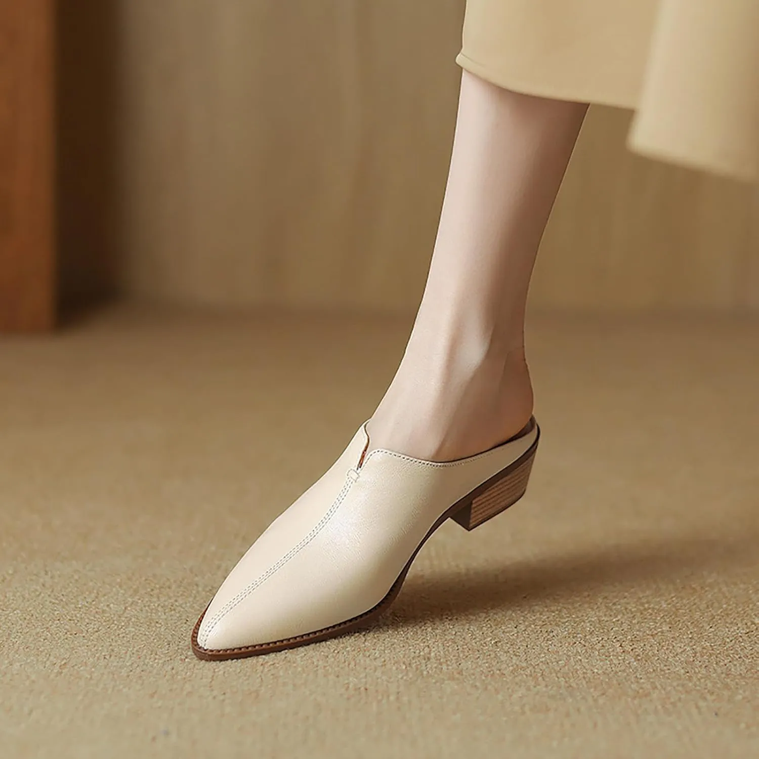 Women's Genuine Leather Closed Toe Chunky Stacked Heel Mules,Fashion Pointed Toe Slingback Comfortable Slip On Low Block Heel Sandals Work Dress Shoes