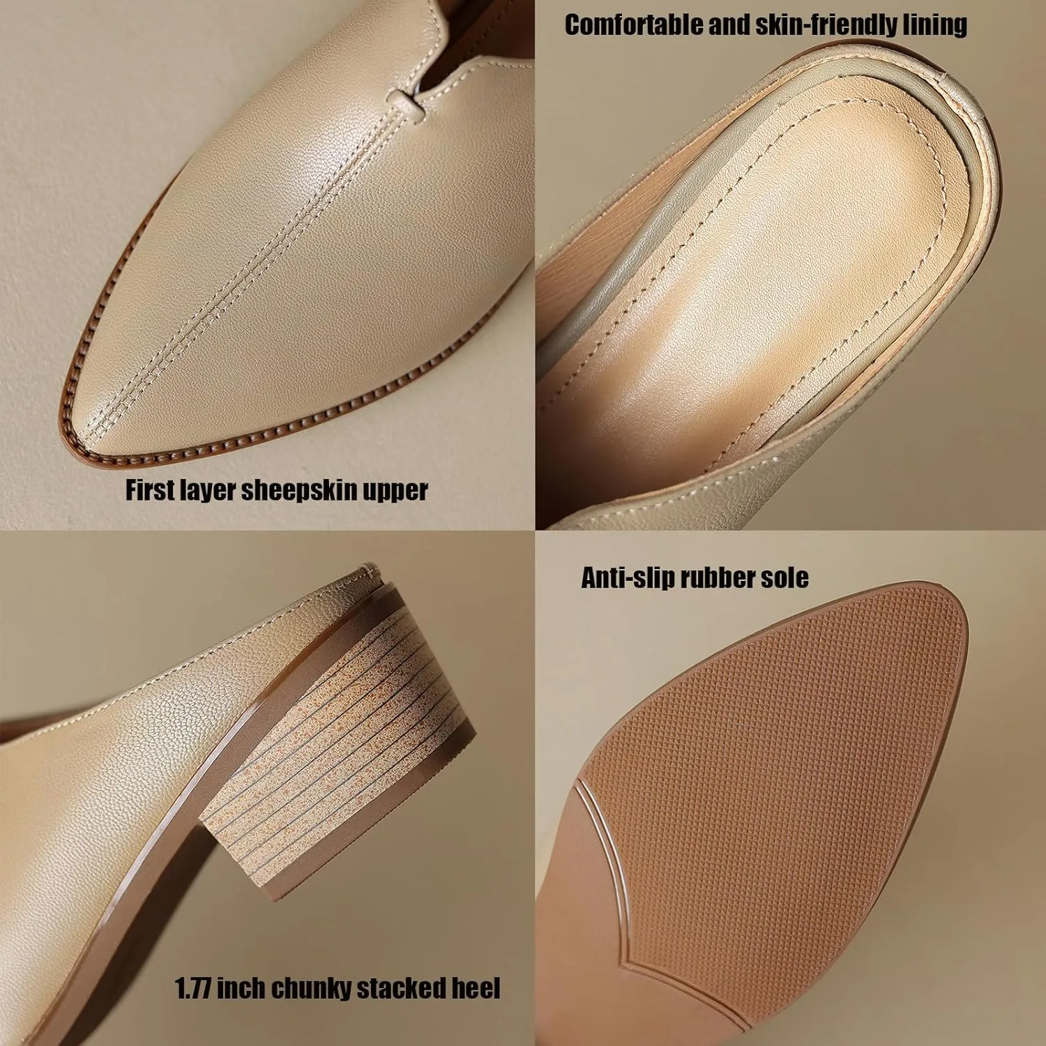 Women's Genuine Leather Closed Toe Chunky Stacked Heel Mules,Fashion Pointed Toe Slingback Comfortable Slip On Low Block Heel Sandals Work Dress Shoes