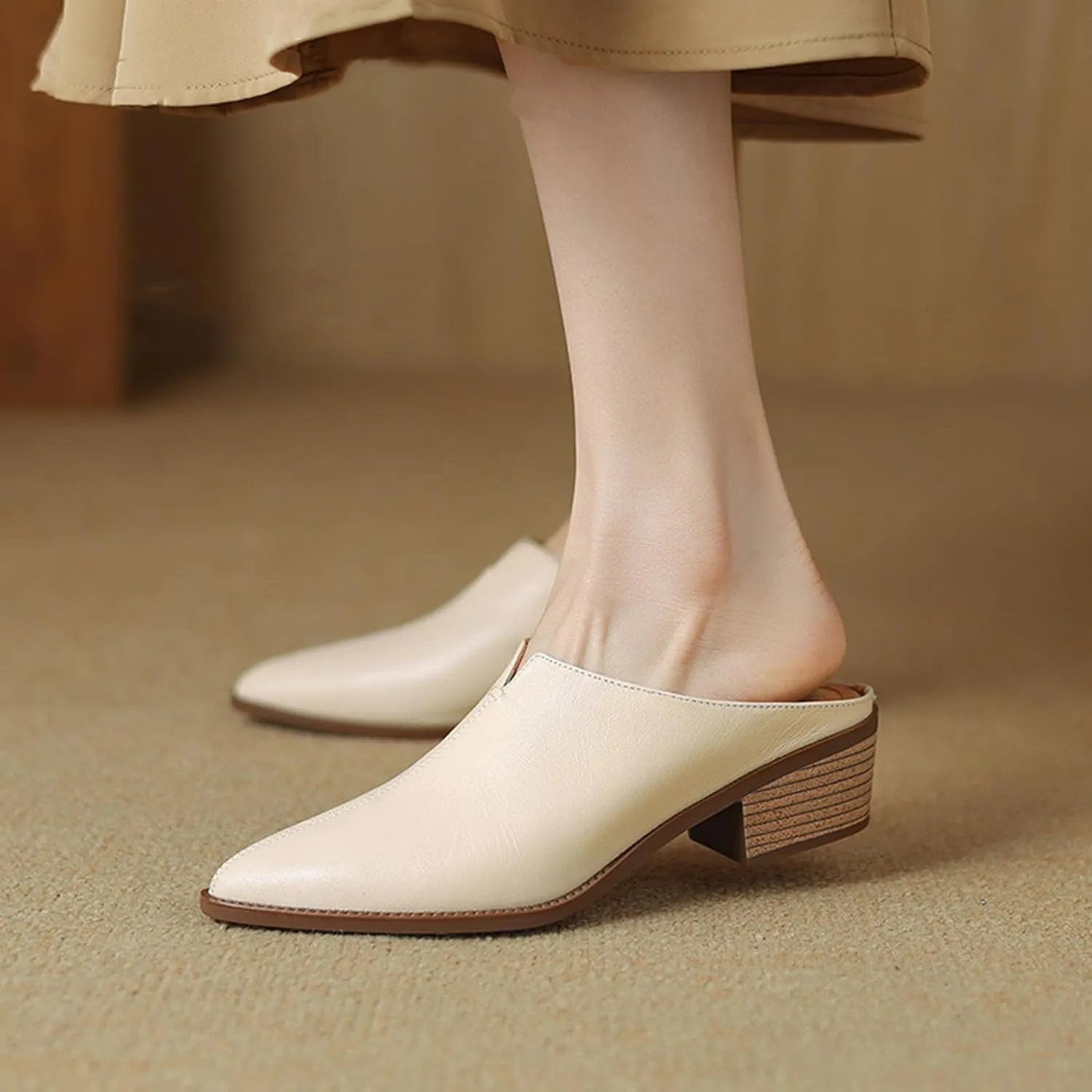 Women's Genuine Leather Closed Toe Chunky Stacked Heel Mules,Fashion Pointed Toe Slingback Comfortable Slip On Low Block Heel Sandals Work Dress Shoes