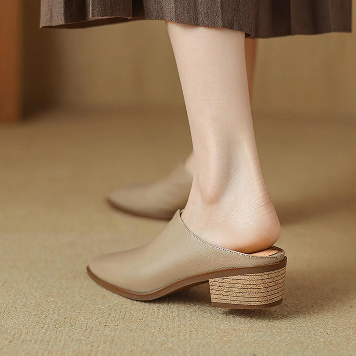 Women's Genuine Leather Closed Toe Chunky Stacked Heel Mules,Fashion Pointed Toe Slingback Comfortable Slip On Low Block Heel Sandals Work Dress Shoes