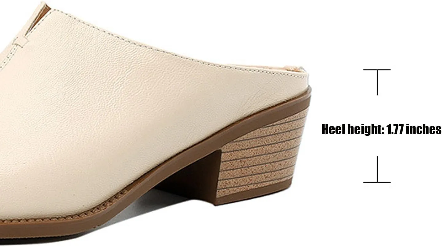Women's Genuine Leather Closed Toe Chunky Stacked Heel Mules,Fashion Pointed Toe Slingback Comfortable Slip On Low Block Heel Sandals Work Dress Shoes