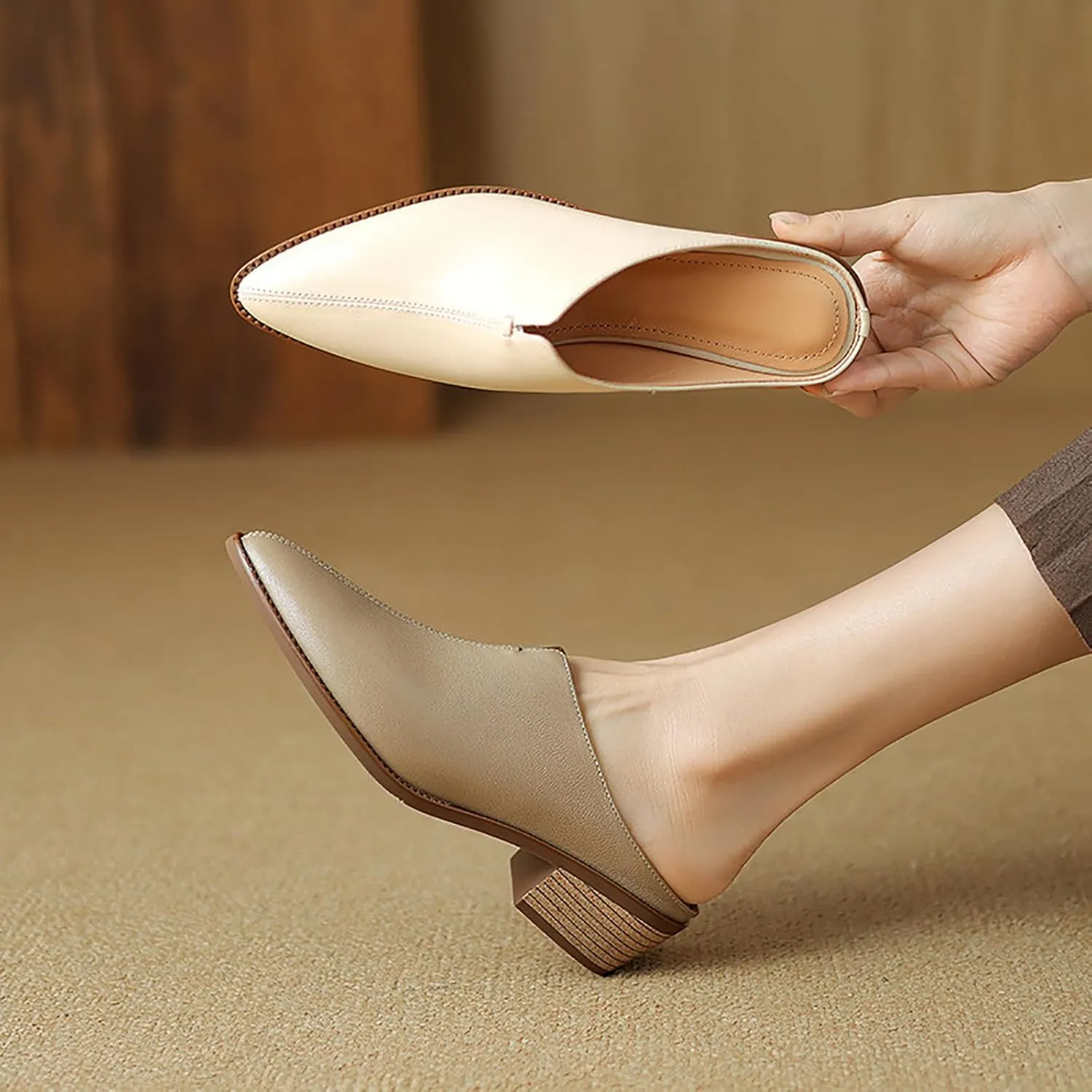 Women's Genuine Leather Closed Toe Chunky Stacked Heel Mules,Fashion Pointed Toe Slingback Comfortable Slip On Low Block Heel Sandals Work Dress Shoes