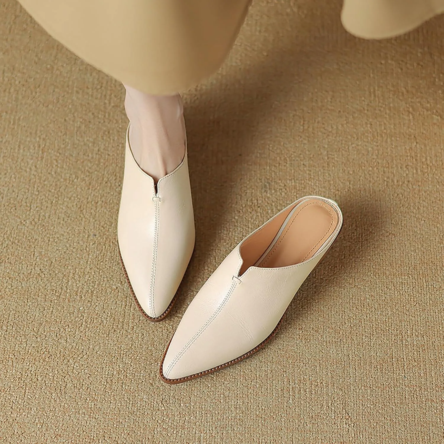 Women's Genuine Leather Closed Toe Chunky Stacked Heel Mules,Fashion Pointed Toe Slingback Comfortable Slip On Low Block Heel Sandals Work Dress Shoes