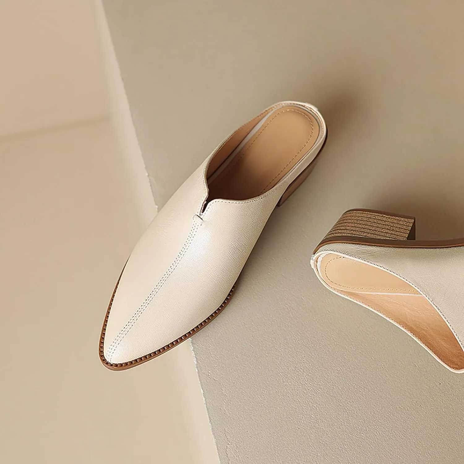 Women's Genuine Leather Closed Toe Chunky Stacked Heel Mules,Fashion Pointed Toe Slingback Comfortable Slip On Low Block Heel Sandals Work Dress Shoes