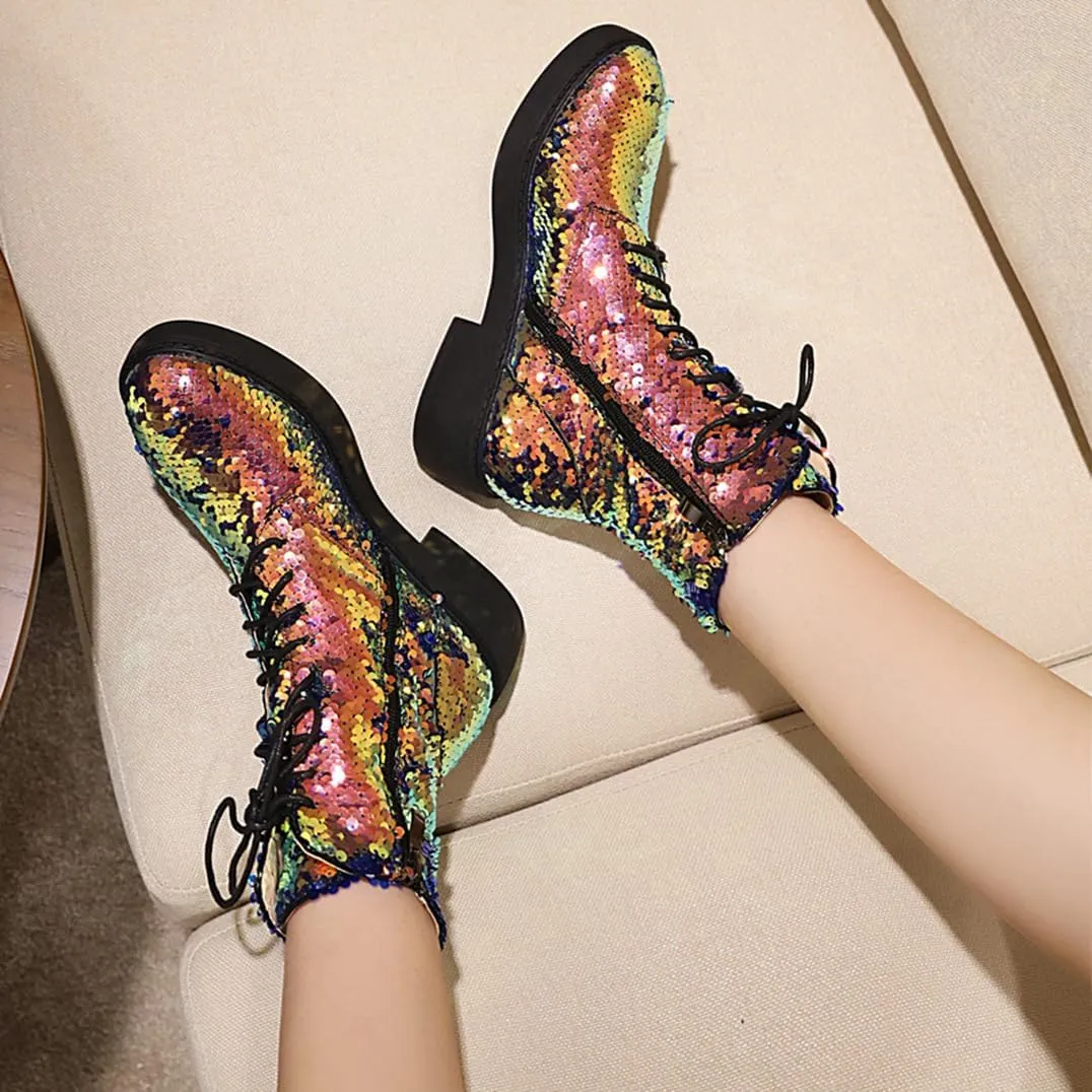 Women's Glitter Combat Boots Sparkle Sequin Platform Lace Up Booties Military Riding Boots Comfortable Motorcycle Goth Boots Side Zipper Round Toe Lug Sole Chunky Ankle Boots