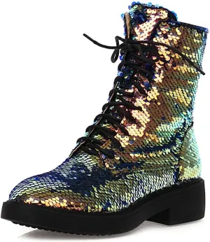 Women's Glitter Combat Boots Sparkle Sequin Platform Lace Up Booties Military Riding Boots Comfortable Motorcycle Goth Boots Side Zipper Round Toe Lug Sole Chunky Ankle Boots