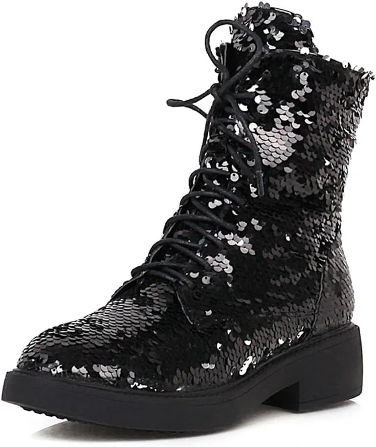 Women's Glitter Combat Boots Sparkle Sequin Platform Lace Up Booties Military Riding Boots Comfortable Motorcycle Goth Boots Side Zipper Round Toe Lug Sole Chunky Ankle Boots