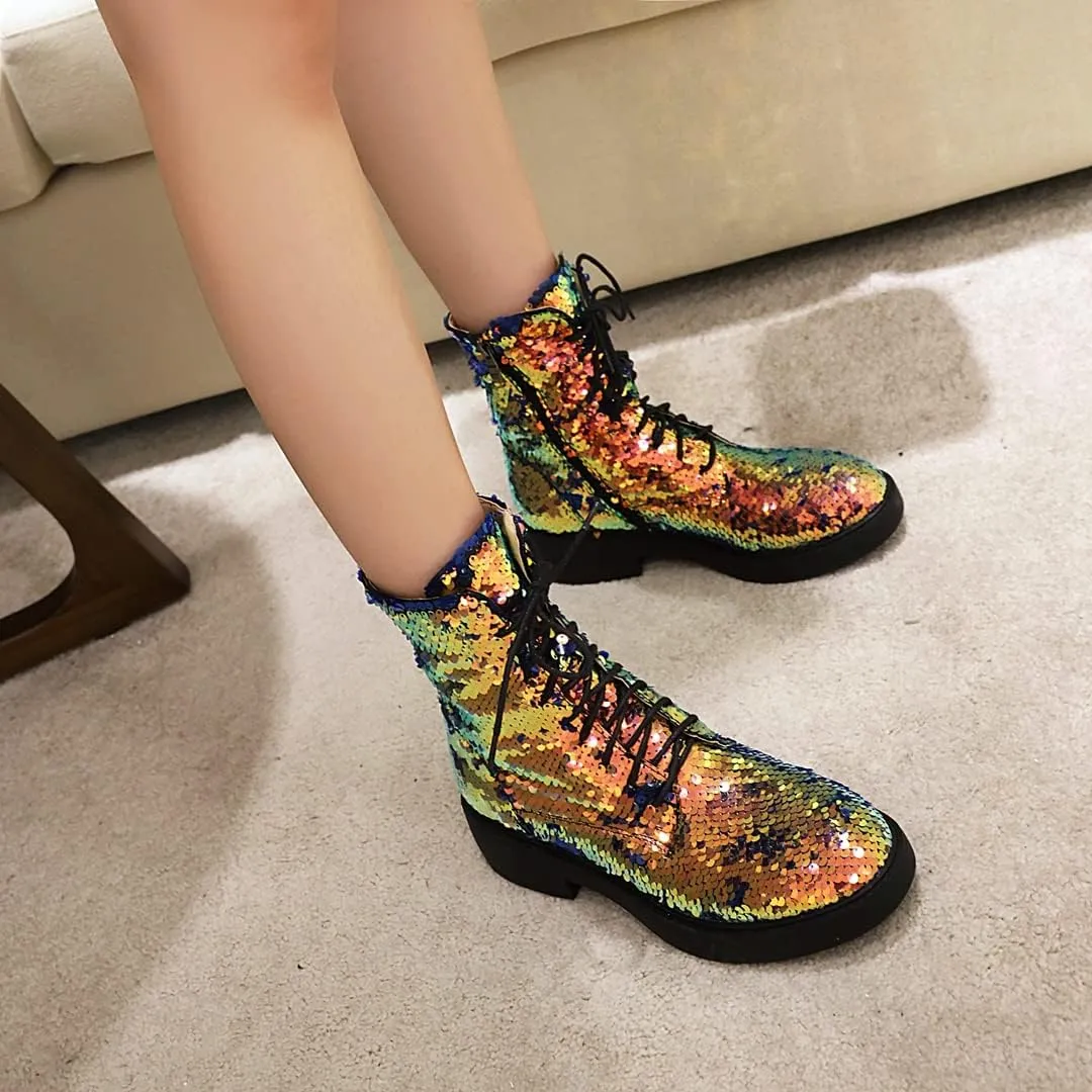 Women's Glitter Combat Boots Sparkle Sequin Platform Lace Up Booties Military Riding Boots Comfortable Motorcycle Goth Boots Side Zipper Round Toe Lug Sole Chunky Ankle Boots