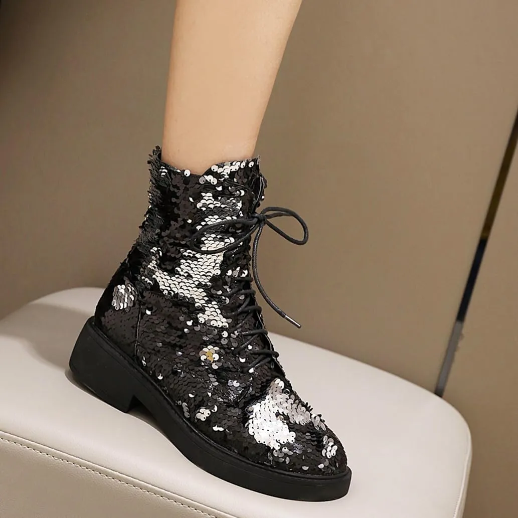 Women's Glitter Combat Boots Sparkle Sequin Platform Lace Up Booties Military Riding Boots Comfortable Motorcycle Goth Boots Side Zipper Round Toe Lug Sole Chunky Ankle Boots