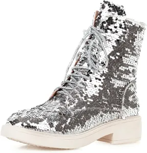 Women's Glitter Combat Boots Sparkle Sequin Platform Lace Up Booties Military Riding Boots Comfortable Motorcycle Goth Boots Side Zipper Round Toe Lug Sole Chunky Ankle Boots