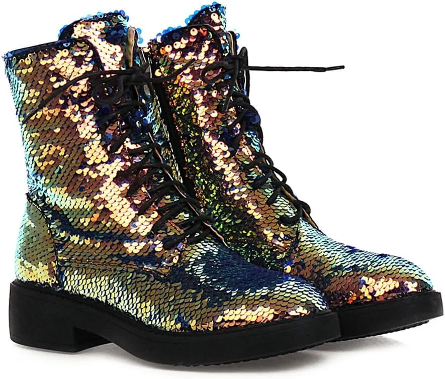 Women's Glitter Combat Boots Sparkle Sequin Platform Lace Up Booties Military Riding Boots Comfortable Motorcycle Goth Boots Side Zipper Round Toe Lug Sole Chunky Ankle Boots
