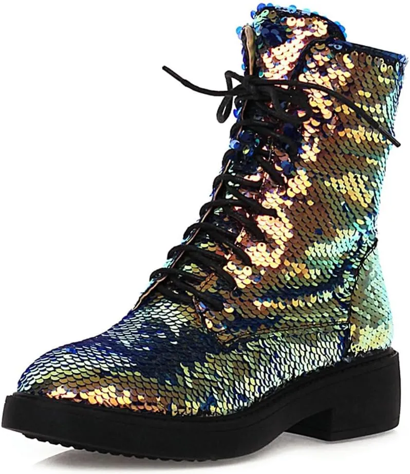 Women's Glitter Combat Boots Sparkle Sequin Platform Lace Up Booties Military Riding Boots Comfortable Motorcycle Goth Boots Side Zipper Round Toe Lug Sole Chunky Ankle Boots