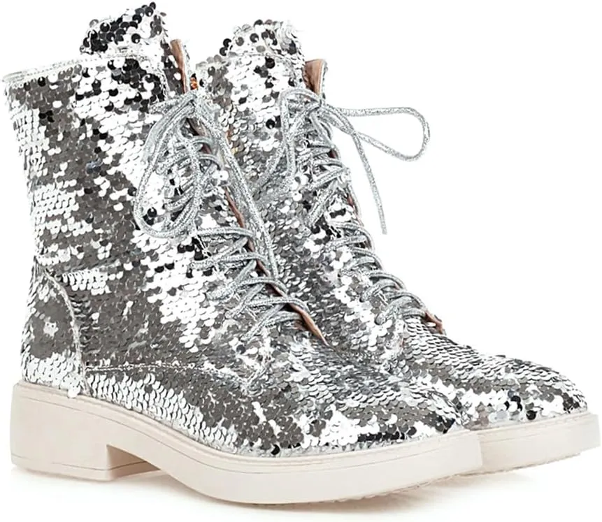 Women's Glitter Combat Boots Sparkle Sequin Platform Lace Up Booties Military Riding Boots Comfortable Motorcycle Goth Boots Side Zipper Round Toe Lug Sole Chunky Ankle Boots