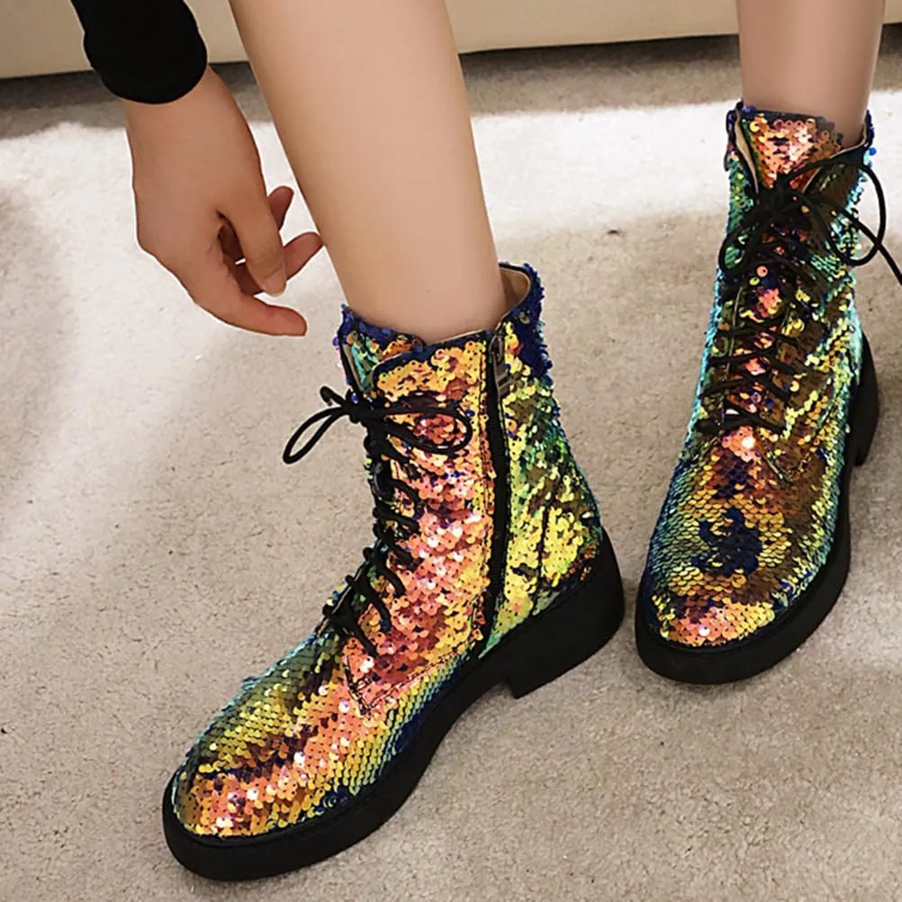 Women's Glitter Combat Boots Sparkle Sequin Platform Lace Up Booties Military Riding Boots Comfortable Motorcycle Goth Boots Side Zipper Round Toe Lug Sole Chunky Ankle Boots