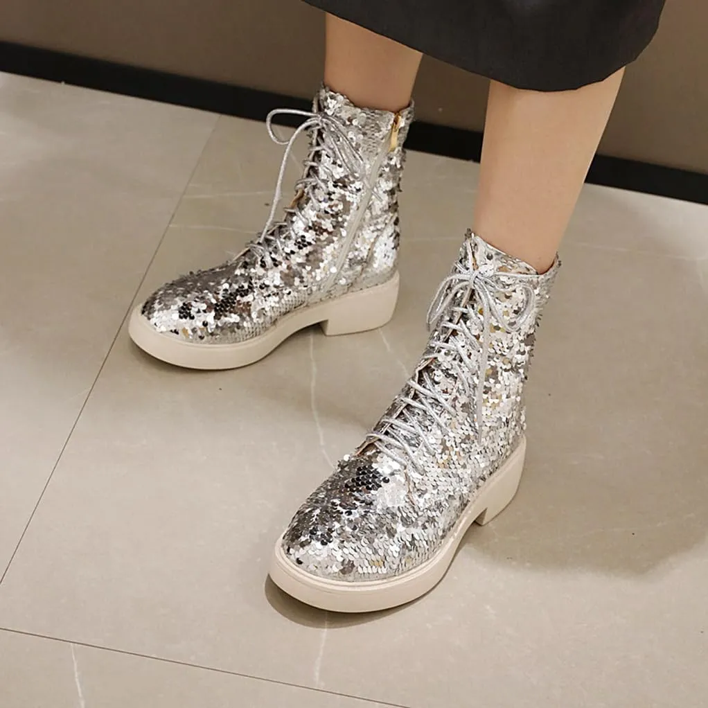 Women's Glitter Combat Boots Sparkle Sequin Platform Lace Up Booties Military Riding Boots Comfortable Motorcycle Goth Boots Side Zipper Round Toe Lug Sole Chunky Ankle Boots