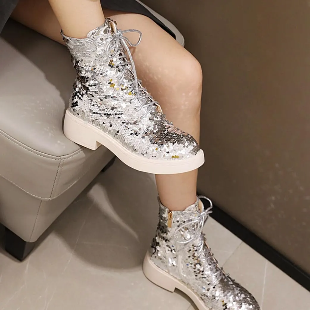 Women's Glitter Combat Boots Sparkle Sequin Platform Lace Up Booties Military Riding Boots Comfortable Motorcycle Goth Boots Side Zipper Round Toe Lug Sole Chunky Ankle Boots