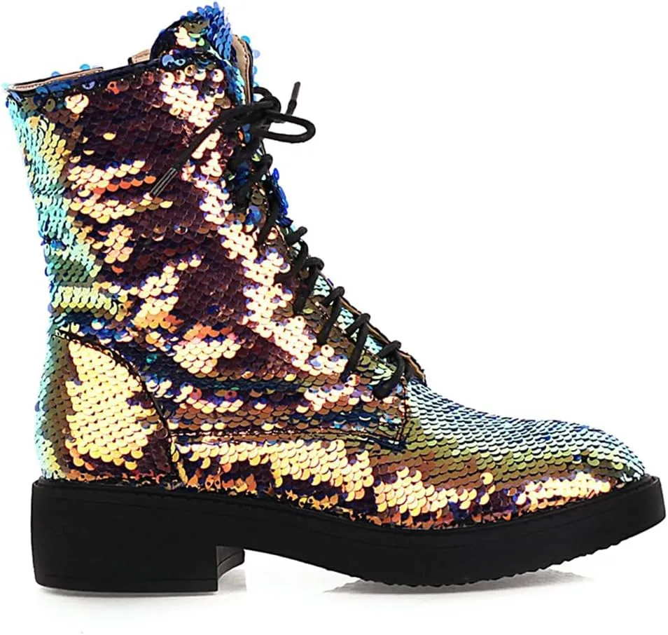 Women's Glitter Combat Boots Sparkle Sequin Platform Lace Up Booties Military Riding Boots Comfortable Motorcycle Goth Boots Side Zipper Round Toe Lug Sole Chunky Ankle Boots