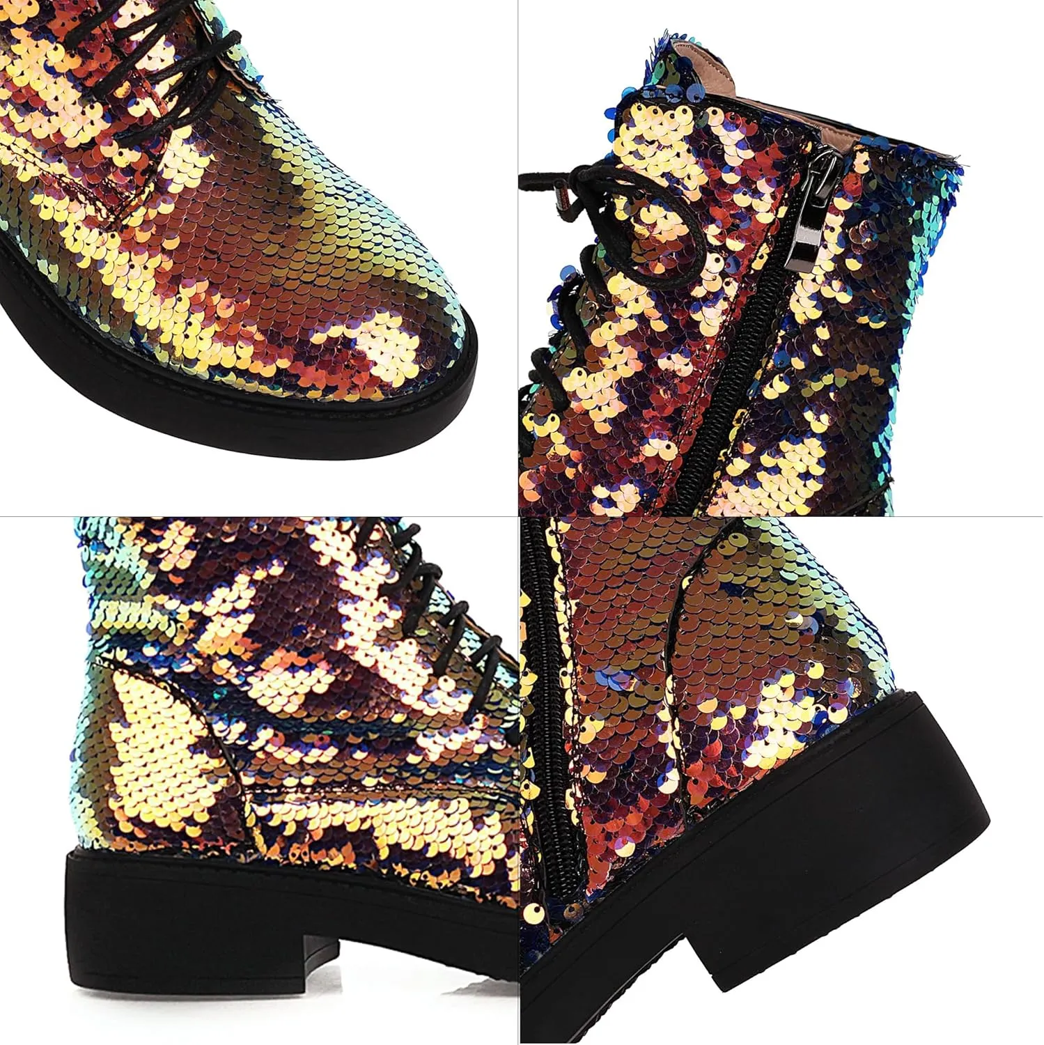 Women's Glitter Combat Boots Sparkle Sequin Platform Lace Up Booties Military Riding Boots Comfortable Motorcycle Goth Boots Side Zipper Round Toe Lug Sole Chunky Ankle Boots