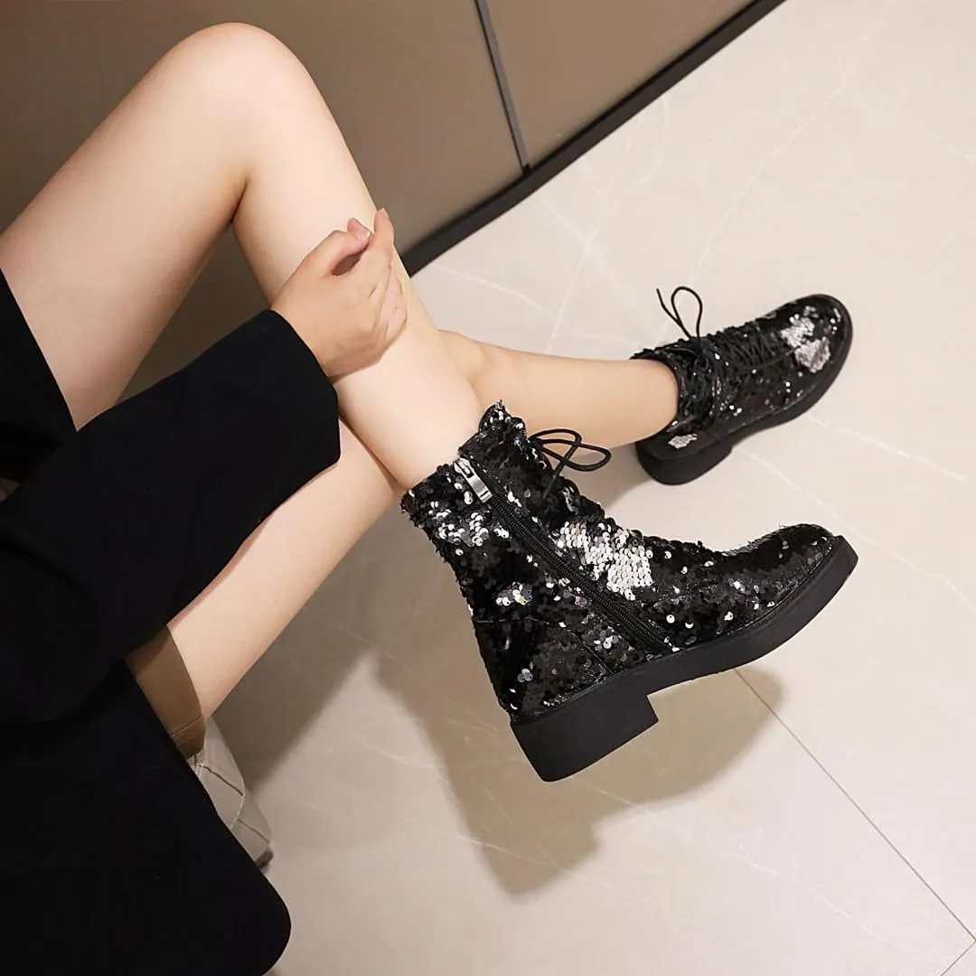Women's Glitter Combat Boots Sparkle Sequin Platform Lace Up Booties Military Riding Boots Comfortable Motorcycle Goth Boots Side Zipper Round Toe Lug Sole Chunky Ankle Boots