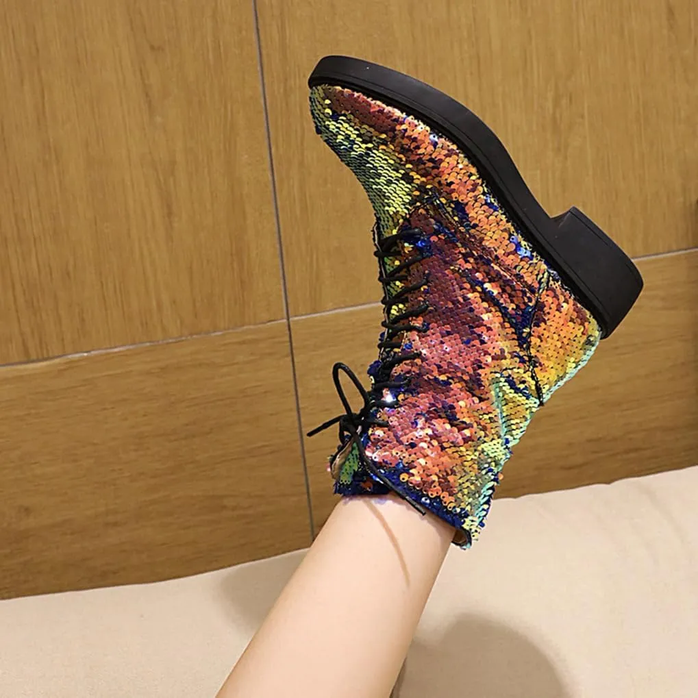 Women's Glitter Combat Boots Sparkle Sequin Platform Lace Up Booties Military Riding Boots Comfortable Motorcycle Goth Boots Side Zipper Round Toe Lug Sole Chunky Ankle Boots