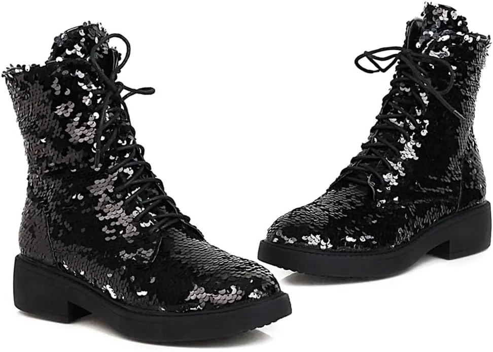 Women's Glitter Combat Boots Sparkle Sequin Platform Lace Up Booties Military Riding Boots Comfortable Motorcycle Goth Boots Side Zipper Round Toe Lug Sole Chunky Ankle Boots