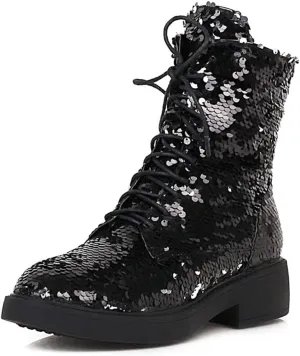 Women's Glitter Combat Boots Sparkle Sequin Platform Lace Up Booties Military Riding Boots Comfortable Motorcycle Goth Boots Side Zipper Round Toe Lug Sole Chunky Ankle Boots
