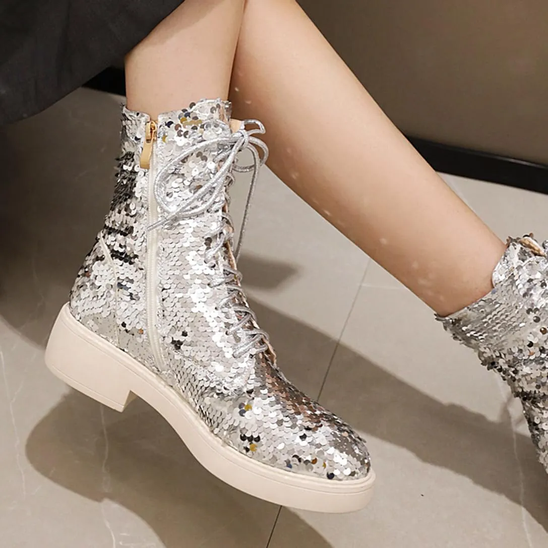 Women's Glitter Combat Boots Sparkle Sequin Platform Lace Up Booties Military Riding Boots Comfortable Motorcycle Goth Boots Side Zipper Round Toe Lug Sole Chunky Ankle Boots