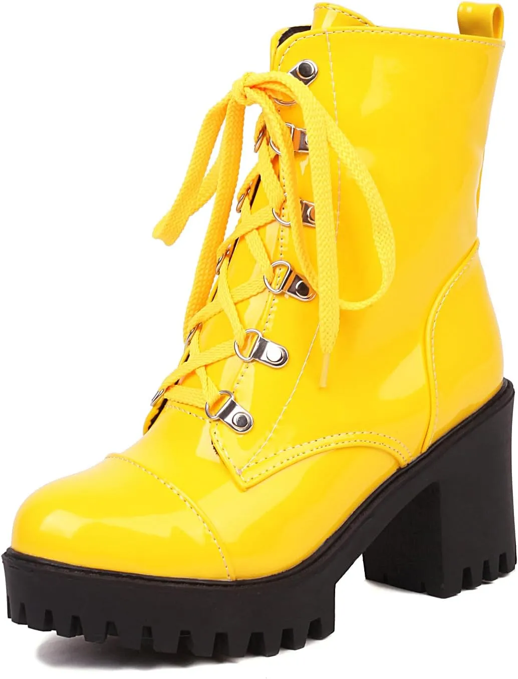 Women's Lace Up Combat Ankle Boots Platform Goth Boots Punk Motorcycle Lug Sole Ankle Booties Chunky High Heel Round Toe Side Zipper Shoes