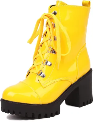Women's Lace Up Combat Ankle Boots Platform Goth Boots Punk Motorcycle Lug Sole Ankle Booties Chunky High Heel Round Toe Side Zipper Shoes