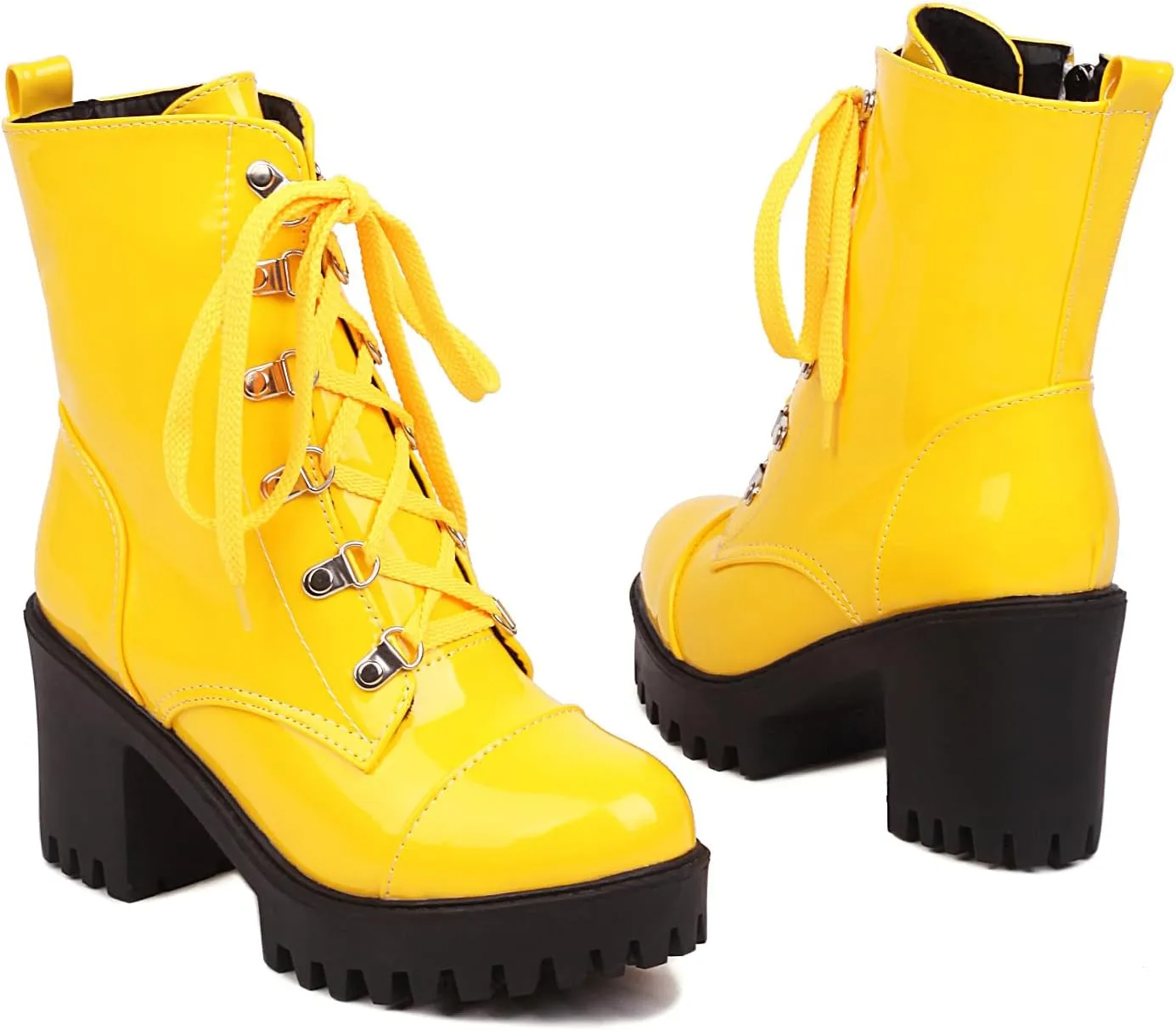 Women's Lace Up Combat Ankle Boots Platform Goth Boots Punk Motorcycle Lug Sole Ankle Booties Chunky High Heel Round Toe Side Zipper Shoes
