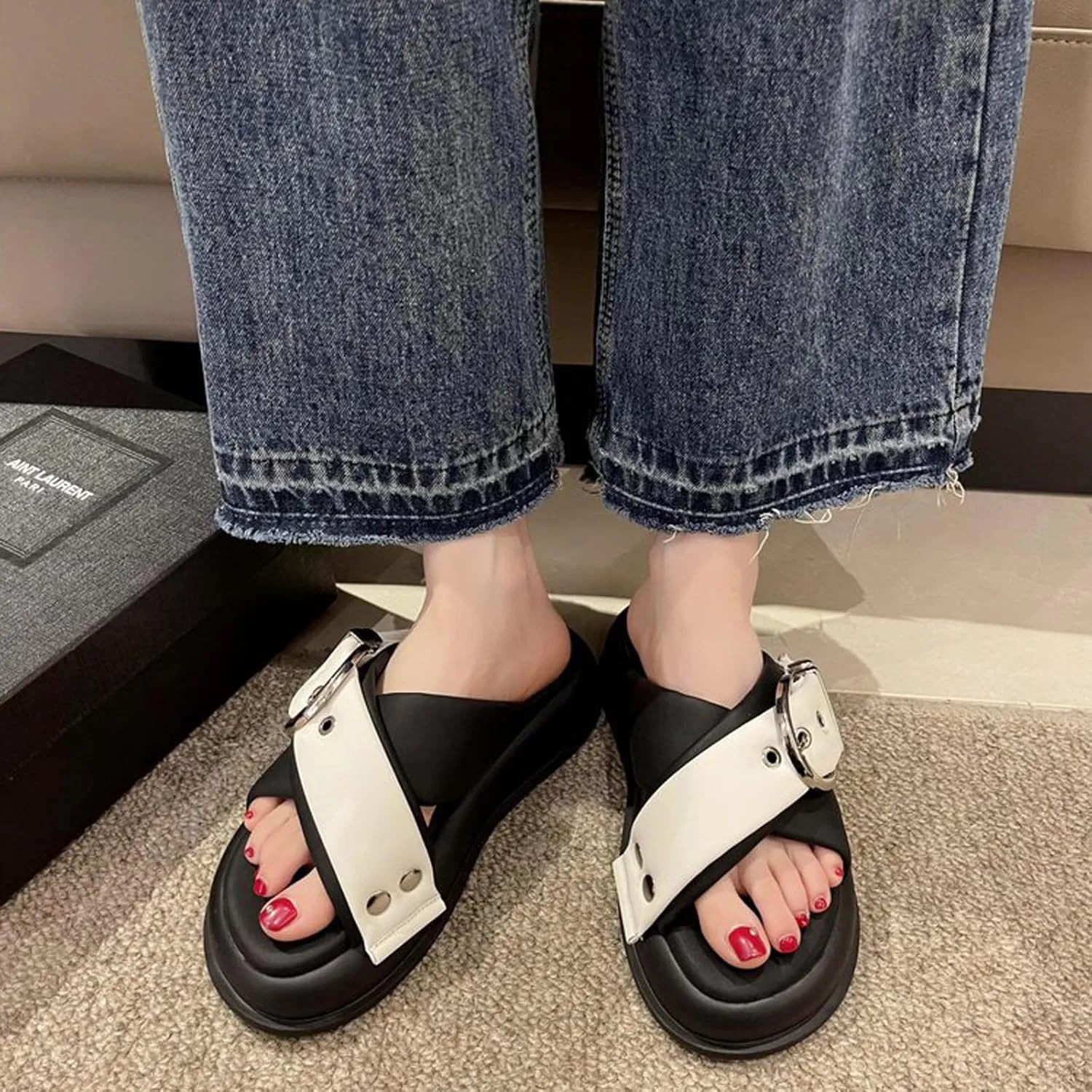 Women's Leather Platform Slides Sandals with Belt Buckle Decor Comfort Round Open Toe Slip-On Memory Foam Sandals Summer Walking Beach Slippers
