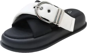 Women's Leather Platform Slides Sandals with Belt Buckle Decor Comfort Round Open Toe Slip-On Memory Foam Sandals Summer Walking Beach Slippers