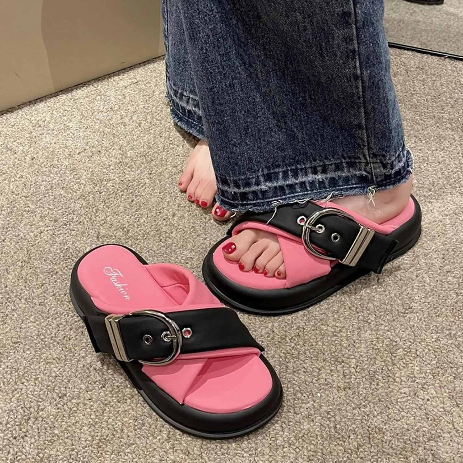 Women's Leather Platform Slides Sandals with Belt Buckle Decor Comfort Round Open Toe Slip-On Memory Foam Sandals Summer Walking Beach Slippers