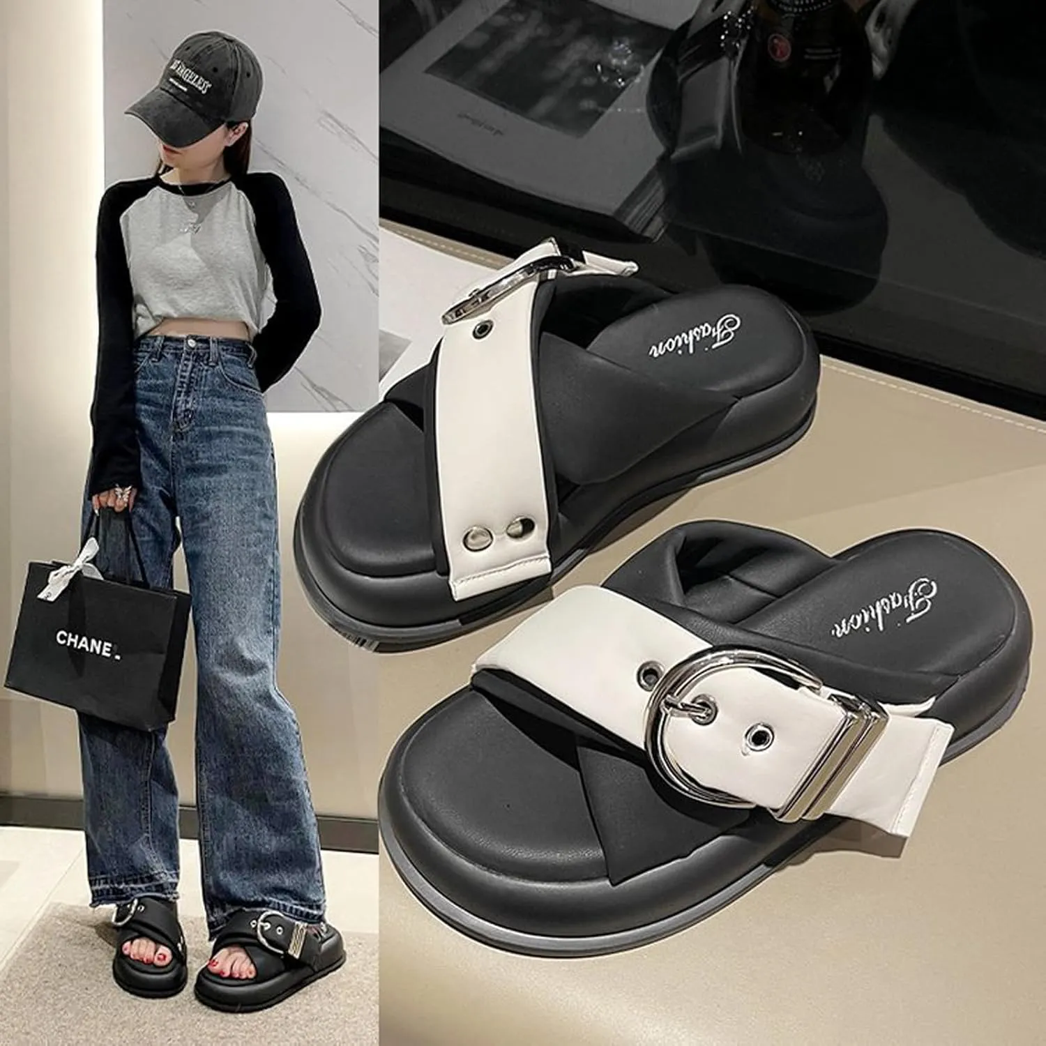 Women's Leather Platform Slides Sandals with Belt Buckle Decor Comfort Round Open Toe Slip-On Memory Foam Sandals Summer Walking Beach Slippers